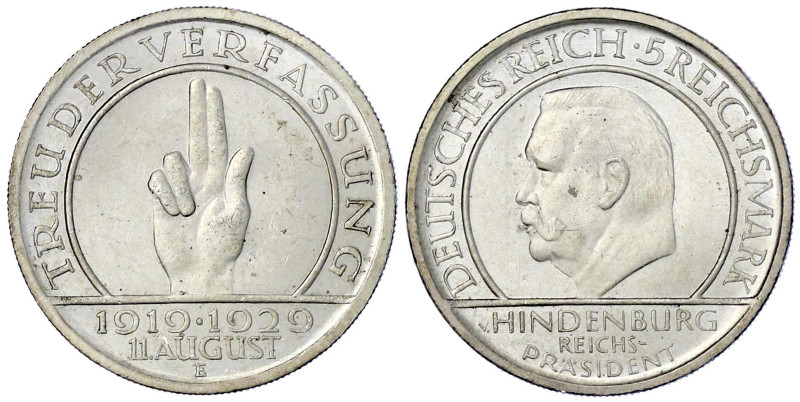 Weimarer Republik

Gedenkmünzen

5 Reichsmark Schwurhand

1929 E. fast Ste...