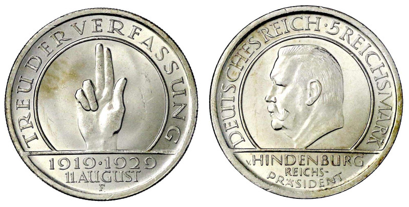 Weimarer Republik

Gedenkmünzen

5 Reichsmark Schwurhand

1929 F. fast Ste...