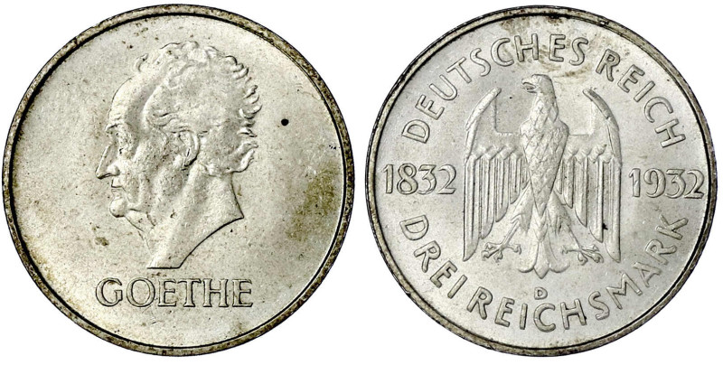 Weimarer Republik

Gedenkmünzen

3 Reichsmark Goethe

1932 D. vorzüglich/S...