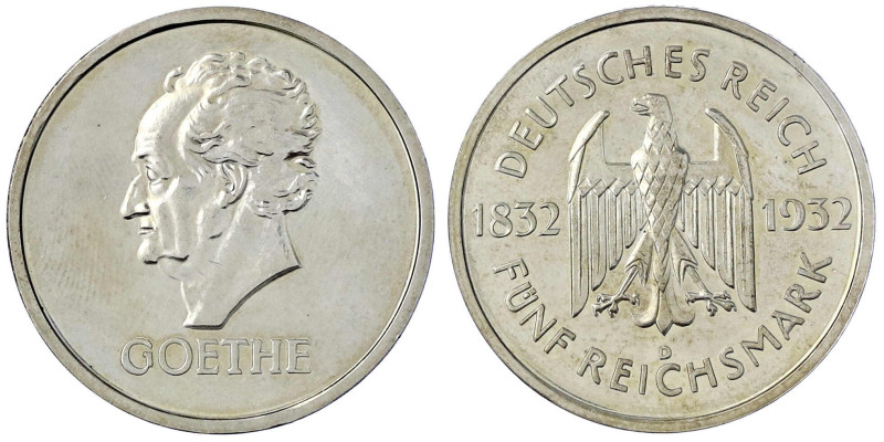 Weimarer Republik

Gedenkmünzen

5 Reichsmark Goethe

1932 D. Polierte Pla...