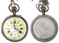 Varia

Uhren

Taschenuhren

Schweizer Herrentaschenuhr um 1895/1934, Silber 800/1000, Hersteller DF. Handaufzug, Zylinderhemmung, 6 Steine. Firm...