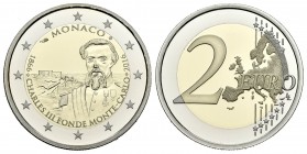 Mónaco. 2 euros. 2016. 150º Aniversario de la Fundación de Montecarlo por Carlos III. Con su certificado y caja original. PROOF. Est...350,00.