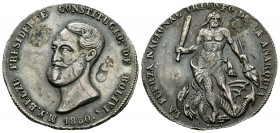 Bolivia. Medallas. 1850. Rev.: Hércules y dragón. Ag. 13,46 g. Medalla del general Belza, Presidente Constitucional. Restos de soldadura. 31 mm. MBC+....