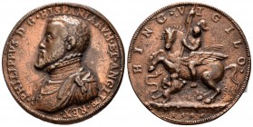 Felipe II (1556-1598). Medalla. 1556. (Patrimonio-falta). Rev.: HINC VIGILIO. Belefonte cabalgando en Pegaso y alanceando a Quimera. Ae. 25,69 g. Derr...