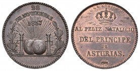 1857. Segovia. Ae. 4,95 g. Natalicio del Príncipe de Asturias, Alfonso XII. 20 mm. EBC+. Est...25,00.