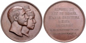 España. Alfonso XII (1874-1885). Medalla. 1879. Madrid. (RAH-757). Ae. 246,71 g. 71 mm. Boda de Alfonso XII con María de las Mercedes. Grabador G. Sel...
