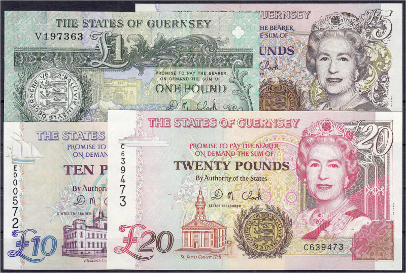 Banknoten

Ausland

Guernsey

4 Scheine zu 1, 5, 10 u. 20 Pounds o.D. (199...