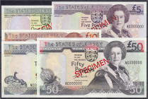 Banknoten

Ausland

Jersey

5 Scheine zu 1, 5, 10, 20 und 50 Pounds o.D. (1989). Alle mit beids. rotem Aufdruck SPECIMEN und KN 000000. I, selte...