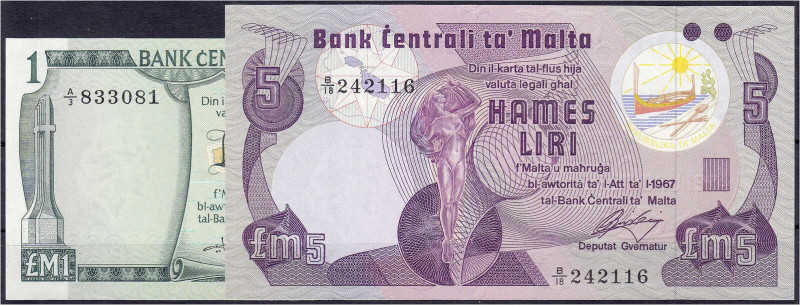 Banknoten

Ausland

Malta

1 u. 5 Lira L.1967 (1973 u. 1979). I. Pick 31, ...