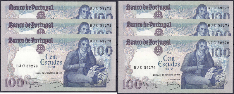 Banknoten

Ausland

Portugal

6x 100 Escudos 21.2.1981. Je 3 Scheine mit F...