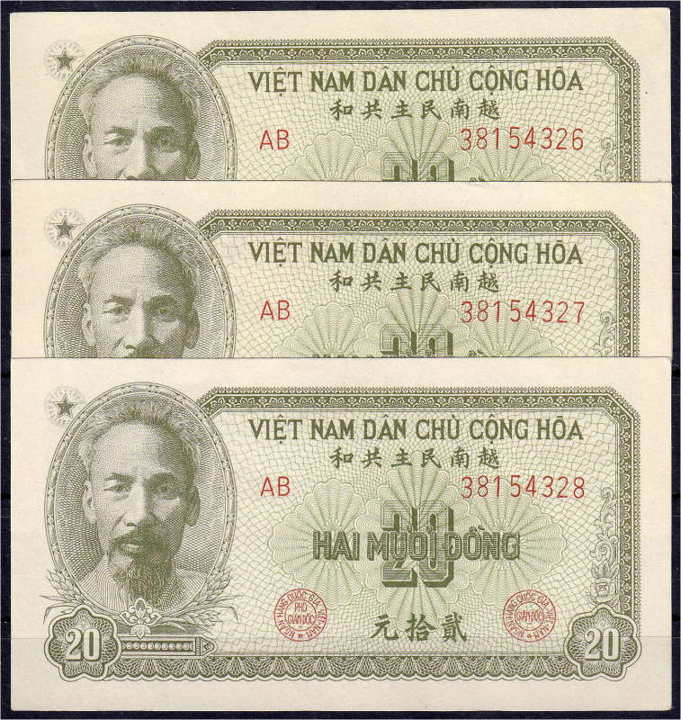 Banknoten

Ausland

Vietnam

3x 20 Dông 1951. Olive, Fortlaufende KN. 3815...