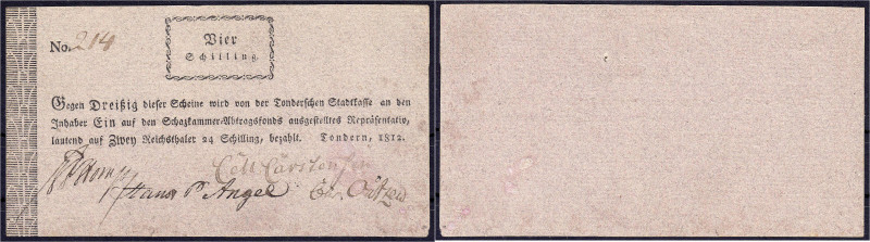 Banknoten

Altdeutschland

Schleswig-Holstein

Tondern, 4 Schilling 1812. ...