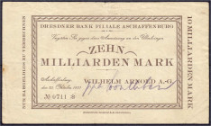 Banknoten

Deutsches Notgeld und KGL

Aschaffenburg (Bayern)

Wilhelm Arnold, 10 Mrd. Mark 25.10.1923. Gedruckte Anweisung auf Dresdner Bank Fil...