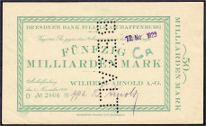 Banknoten

Deutsches Notgeld und KGL

Aschaffenburg (Bayern)

Wilhelm Arnold, 50 Mrd. Mark 5.11.1923. Gedruckte Anweisung auf Dresdner Bank Fili...