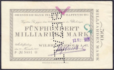 Banknoten

Deutsches Notgeld und KGL

Aschaffenburg (Bayern)

Wilhelm Arnold, 500 Mrd. Mark 10.11.1923. Gedruckte Anweisung auf Dresdner Bank Fi...
