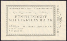Banknoten

Deutsches Notgeld und KGL

Aschaffenburg (Bayern)

Wilhelm Arnold, 500 Mrd. Mark 10.11.1923. Gedruckte Anweisung auf Dresdner Bank Fi...