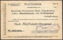 Banknoten

Deutsches Notgeld und KGL

Aschaffenburg (Bayern)

August Schnatz Bau-Geschäft, 500 Tsd. Mark o.D. (1923). Gedruckter Kundenscheck. I...