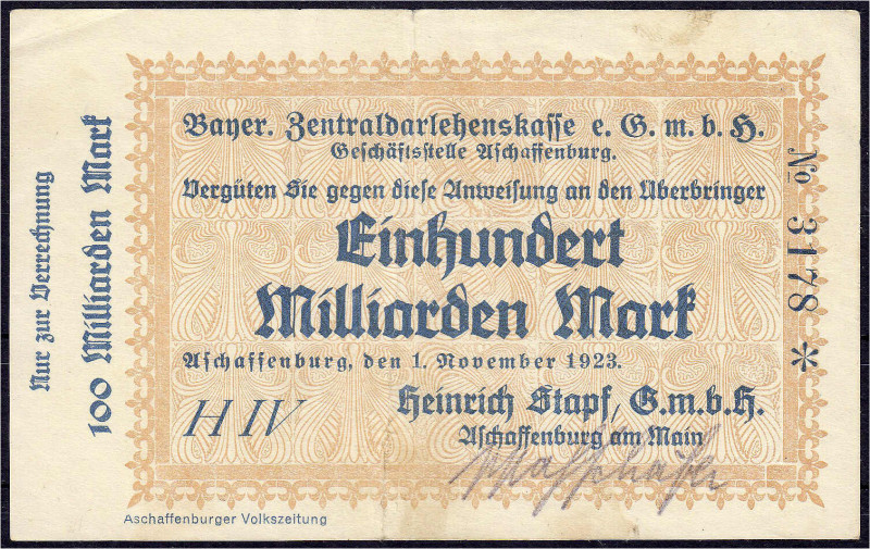 Banknoten

Deutsches Notgeld und KGL

Aschaffenburg (Bayern)

Heinrich Sta...