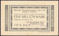 Banknoten

Deutsches Notgeld und KGL

Aschaffenburg (Bayern)

Joseph Stapf A.-G., 1 Mio. Mark 5.9.1923. Gedruckte Anweisung auf Bayer. Zentralda...