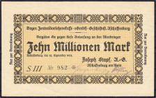 Banknoten

Deutsches Notgeld und KGL

Aschaffenburg (Bayern)

Joseph Stapf A.-G., 10 Mio. Mark 12.9.1923. Gedruckte Anweisung auf Bayer. Zentral...