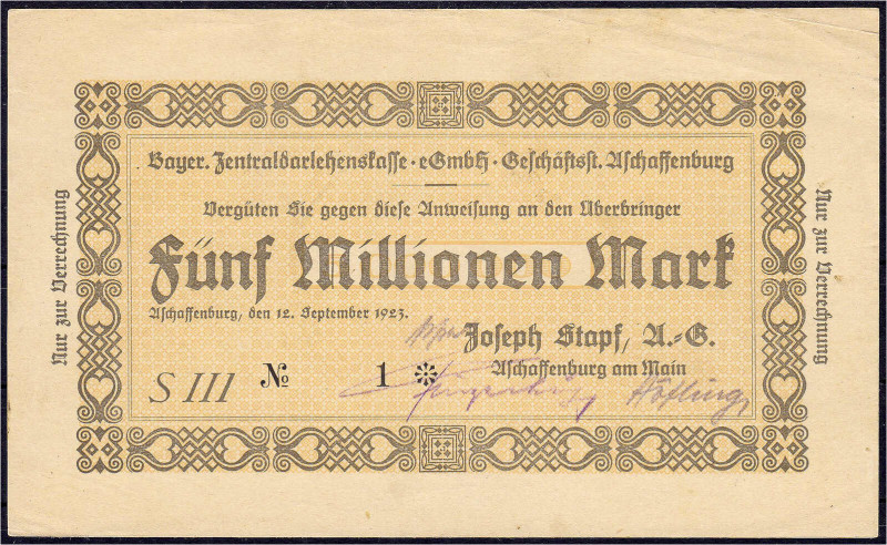 Banknoten

Deutsches Notgeld und KGL

Aschaffenburg (Bayern)

Joseph Stapf...