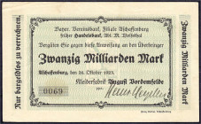 Banknoten

Deutsches Notgeld und KGL

Aschaffenburg (Bayern)

Kleiderfabrik August Vordemfelde, 20 Mrd. Mark 26.10.1923. Gedruckte Anweisung auf...