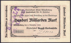 Banknoten

Deutsches Notgeld und KGL

Aschaffenburg (Bayern)

Kleiderfabrik August Vordemfelde, 100 Mrd. Mark 2.11.1923. Gedruckte Anweisung auf...