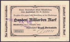 Banknoten

Deutsches Notgeld und KGL

Aschaffenburg (Bayern)

Kleiderfabrik August Vordemfelde, 100 Mrd. Mark 2.11.1923. Gedruckte Anweisung auf...