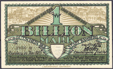 Banknoten

Deutsches Notgeld und KGL

Bamberg (Bayern)

Stadt, 1 Bio. Mark Nov. 1923. Wz. Rundwaben, mit KN. I. Dießner. 038.2.