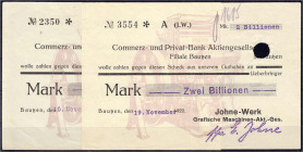 Banknoten

Deutsches Notgeld und KGL

Bautzen (Sachsen)

Johne-Werk Grafische Maschinen-Akt.-Ges., 1 u. 2 Bio. Mark 15. und 19.11.1923. Unterdru...
