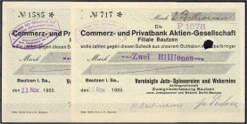 Banknoten

Deutsches Notgeld und KGL

Bautzen (Sachsen)

Vereinigte Jute-Spinnereien und Webereien AG, 1 u. 2 Bio. Mark 23.11.1923. Ohne Wz. II....