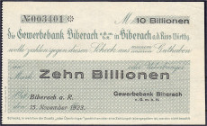 Banknoten

Deutsches Notgeld und KGL

Biberach (Württ.)

Gewerbebank, 10 Bio. Mark 15.11.1923. Ohne Wz. I- Dießner. 059.2.
