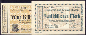 Banknoten

Deutsches Notgeld und KGL

Bingen (Hessen)

Kreisamt, 2x 5 Bio. Mark 5.11.1923. Wz. Achteckfluß. I- Dießner. 065. 2,4.