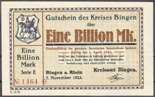 Banknoten

Deutsches Notgeld und KGL

Bingen (Hessen)

Kreisamt, 1 Bio. Mark 7.11.1923. Wz. Achteckfluß. I. Dießner. 065. 6.