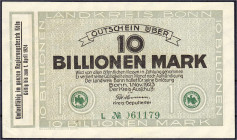 Banknoten

Deutsches Notgeld und KGL

Bonn (Rheinland)

Landkreis, 10 Bio. Mark 1.11.1923. Wz. Furchen. I- Dießner. 078.3.