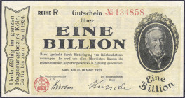 Banknoten

Deutsches Notgeld und KGL

Bonn (Rheinland)

Stadt und Handelskammer, 1 Bio. Mark 25.10.1923. Wz. drei Ringe II. Dießner. 080.1.