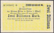Banknoten

Deutsches Notgeld und KGL

Brilon (Westfalen)

Kreissparkasse, 2 Bio. Mark 30.10.1923. Blanko. II. Dießner. 086.2.