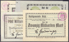 Banknoten

Deutsches Notgeld und KGL

Bühl (Baden)

Stadt, 6 Scheine zu 2x 5, 3x 10 und 20 Mrd. Mark Oktober 1923. meist III-IV. Keller 654.