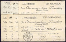Banknoten

Deutsches Notgeld und KGL

Calmbach (Württemberg)

7 Inflationsscheine der Oberamtssparkasse zu 10 Mio. bis 100 Mrd. Mark 1923. meist...
