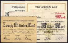 Banknoten

Deutsches Notgeld und KGL

Calw (Württemberg)

6 Inflationsscheine zu 500 Tsd. bis 20 Mrd. Mark 1923. III
