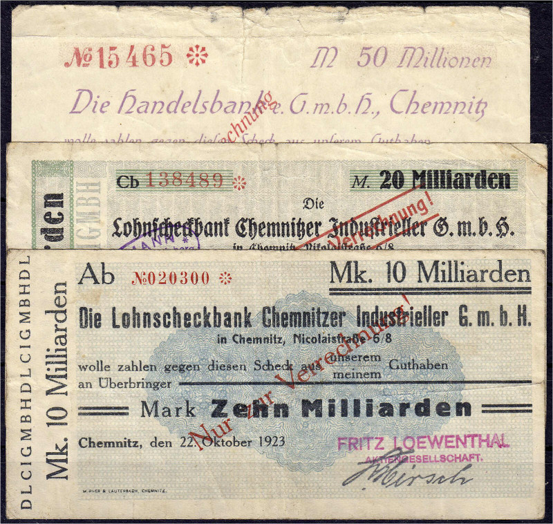 Banknoten

Deutsches Notgeld und KGL

Chemnitz (Sachsen)

3 Scheine, 1x De...