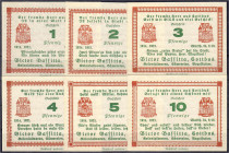 Banknoten

Deutsches Notgeld und KGL

Cottbus (Brandenburg)

Victor Bassitta, 6 Scheine: 1, 2, 3, 4, 5, und 10 Pfg. 1921. 2x mit „!“ und 4x ohne...