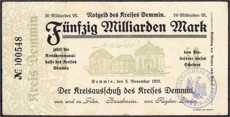 Banknoten

Deutsches Notgeld und KGL

Demmin (Pommern)

Kreis, 50 Mrd. Mar...