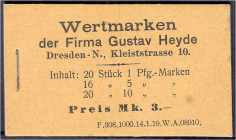 Banknoten

Deutsches Notgeld und KGL

Dresden-Neustadt (Sachsen)

Gustav Heyde, komplettes Wertmarkenheft zu insgesamt 3 Mark o.D. I-, sehr selt...