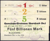 Banknoten

Deutsches Notgeld und KGL

Ebersbach (Sachsen)

Sparkasse, 1, 2 u. 5 Bio. Mark Sept. 1923. 1 u. 2 mit Drfa. II-III. Dießner. 193. 1,2...