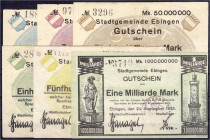Banknoten

Deutsches Notgeld und KGL

Ebingen (Württemberg)

Stadtgemeinde, 6 Scheine zu 10 Mio. bis 1 Mrd. Mark 24.9.1923. II-III. Keller 1219....
