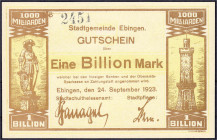 Banknoten

Deutsches Notgeld und KGL

Ebingen (Württemberg)

Stadtgemeinde, 1 Bio. Mark 24.9.1923. I- Dießner. 194..