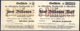 Banknoten

Deutsches Notgeld und KGL

Eckenförde (Schleswig-Holstein)

Kreissparkasse, 2 u. 5 Bio. 15.10.1923. Ohne Wz. I- bis II+ Dießner. 196....