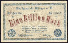 Banknoten

Deutsches Notgeld und KGL

Ehingen (Württemberg)

Stadt, 1 Bio. Mark 22.11.1923. Wz. Tropfen. III. Dießner. 198.2.