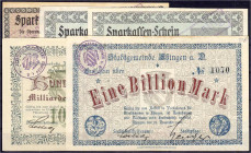 Banknoten

Deutsches Notgeld und KGL

Ehingen (Württemberg)

5 Notgeldscheine zu 50 Mrd. bis 1 Bio. Mark 1923. meist II